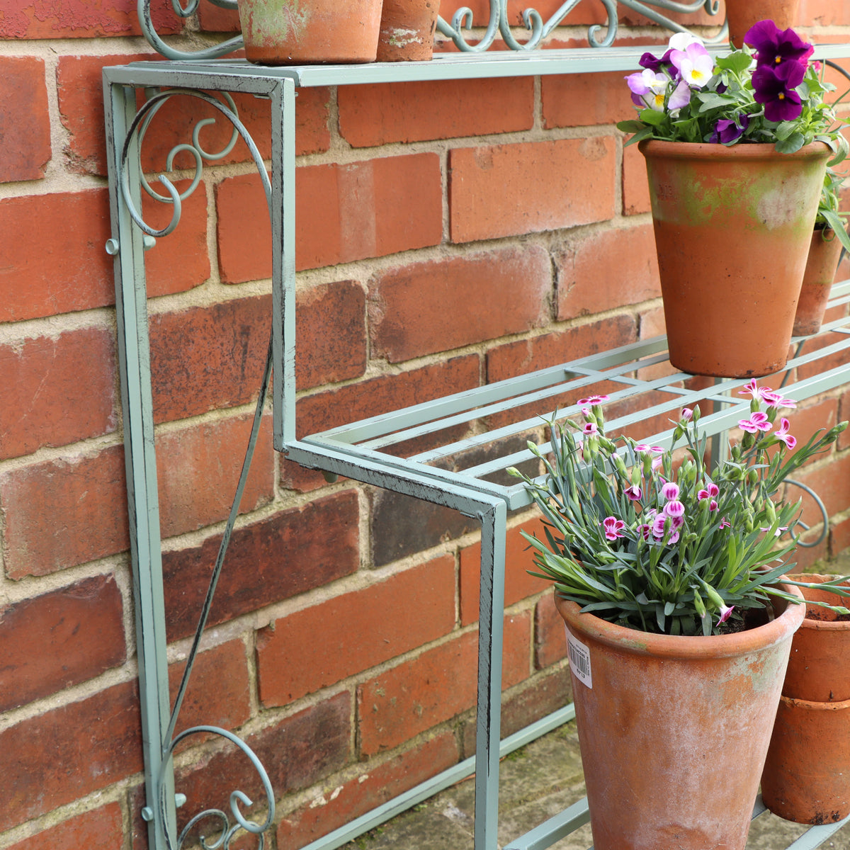 Sage Green Metal Three Tier Plant Theatre Stand