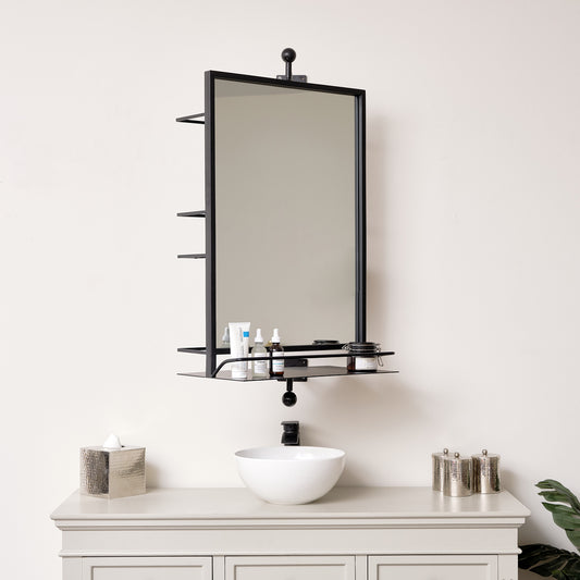  Large Black Rotating Metal Storage Shelf Wall Mirror - 94cm x 51cm 