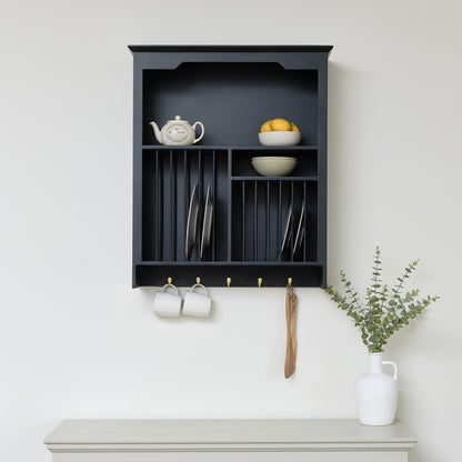 Black Wall Mounted Plate Rack with Gold Hooks