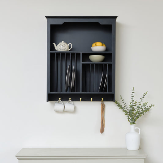  Black Wall Mounted Plate Rack with Gold Hooks 