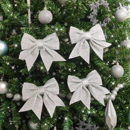  Set Of 4 Silver Glitter Bows 