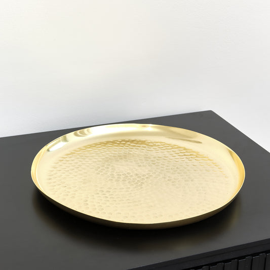  Large Round Gold Hammered Metal Tray 