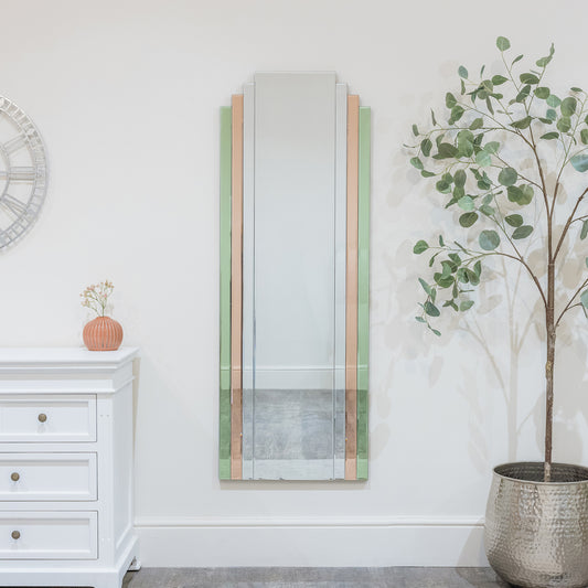  Large Frameless Pink & Green Glass Art Deco Wall Mirror 52cm x 142cm 