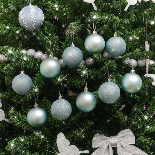  Set of 10 Mixed Ice Blue Glitter Baubles 