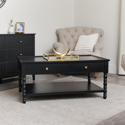  Large Black Bobbin Bobble 2 Drawer Coffee Table 