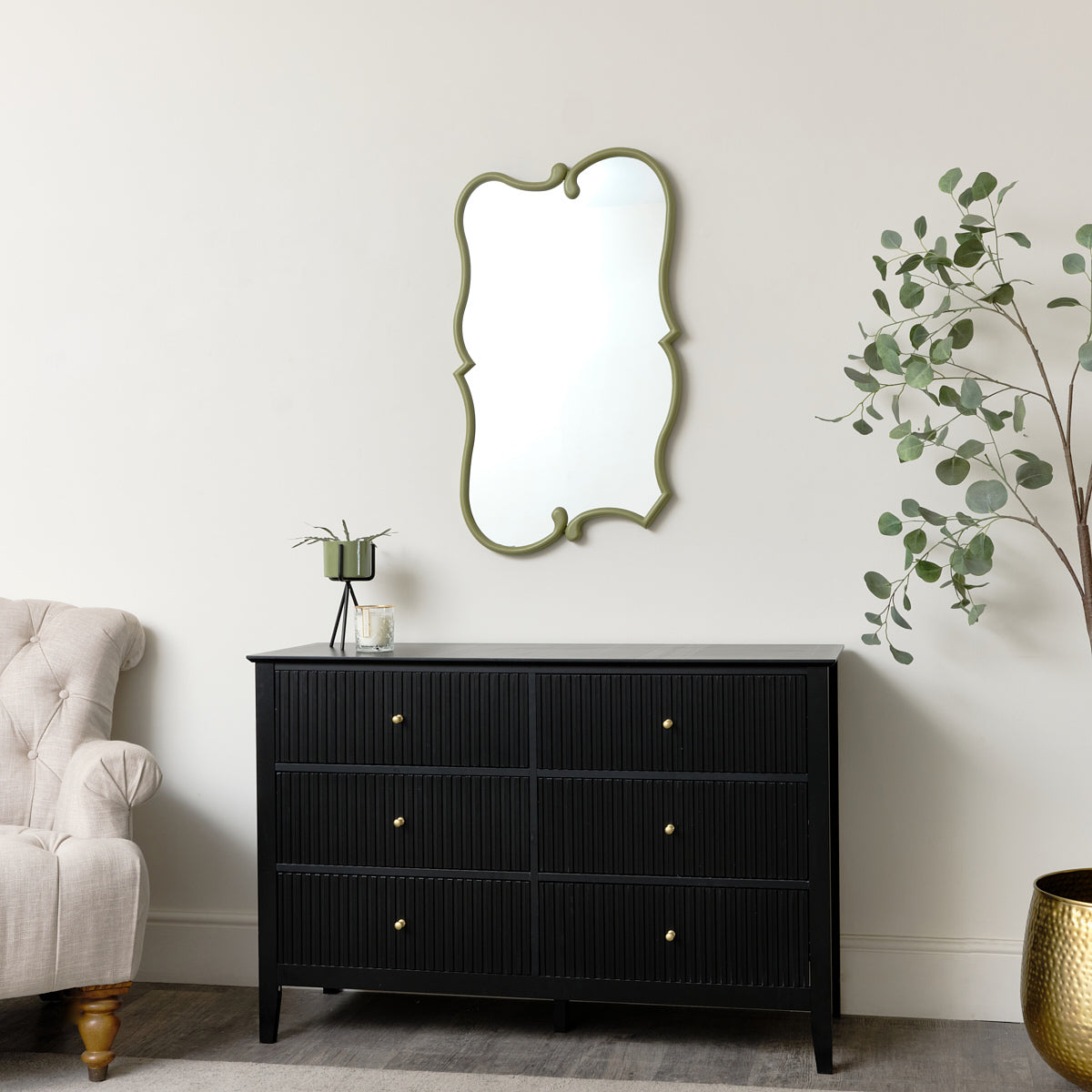 Light Olive Green Vintage Abstract Wall Mirror - 84cm x 53cm