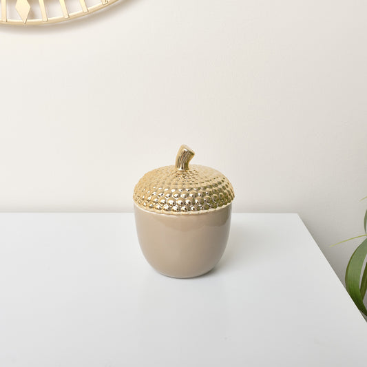  Taupe and Gold Ceramic Acorn Lidded Jar 