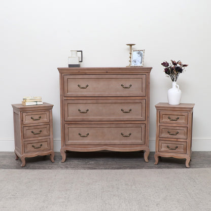 Large Wooden Wardrobe, Wooden 3 Drawer Chest Of Drawers & Pair of Wooden 3 Drawer Bedside Table - Hessian Range