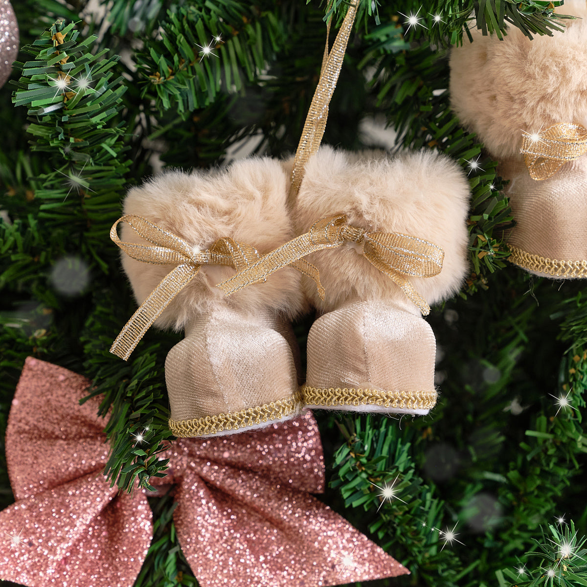 Set of 3 Blush Pink & Gold Fur Winter Boots Baubles