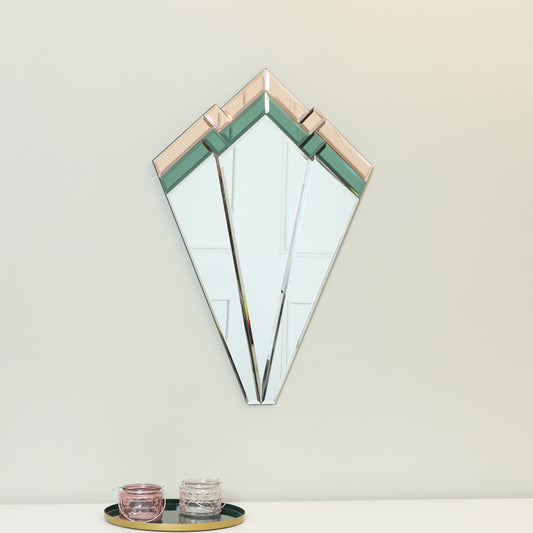  Green & Pink Glass Art Deco Fan Wall Mirror 60cm x 40cm 