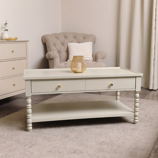  Large Pale Taupe Bobbin Bobble 2 Drawer Coffee Table 