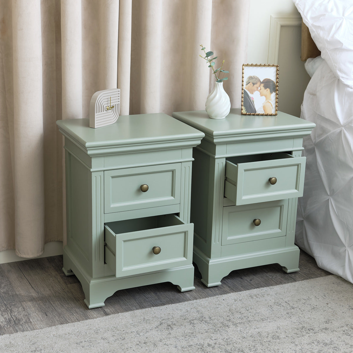 Pair of Sage Green Two Drawer Bedside Tables - Daventry Sage Green Range