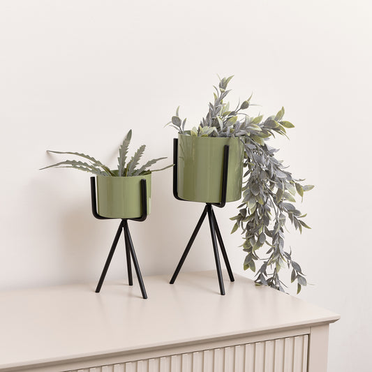  Set of 2 Sage Green Metal Planter Pots with Stand 