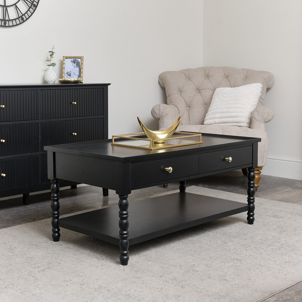 Large Black Bobbin Bobble 2 Drawer Coffee Table