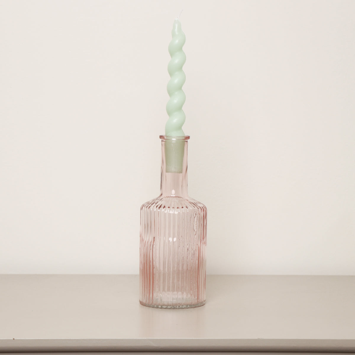 Pale Pink Ribbed Glass Bottle Vase - 20cm