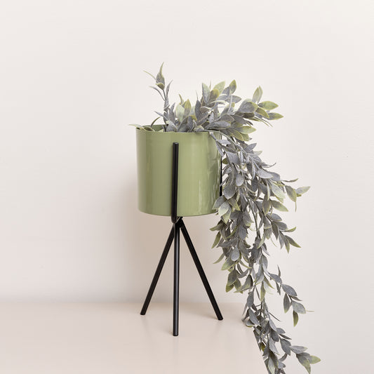  Set of 2 Sage Green Metal Planter Pots with Stand 