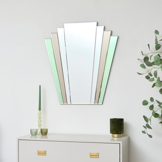  Green & Mocha Glass Art Deco Fan Wall Mirror 75cm x 68cm 