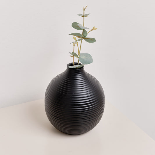  Black Metal Ribbed Swirl Vase - 17cm 