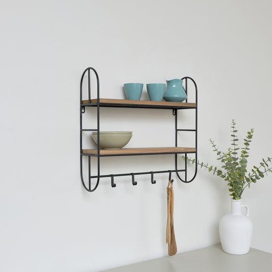  Metal Framed Wall Shelf with Hanging Hooks 