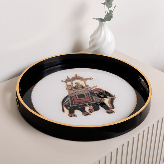  Large Round Black, White & Gold Elephant Serving Tray 