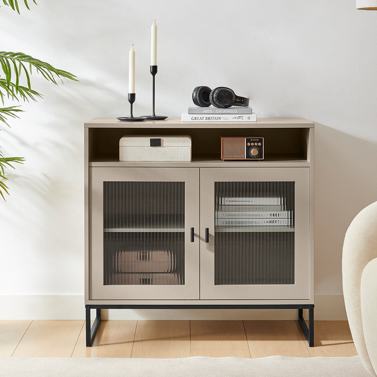 Large Two Door Reeded Glass Sideboard - Hesley Taupe Stone Range