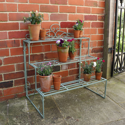 Sage Green Metal Three Tier Plant Theatre Stand