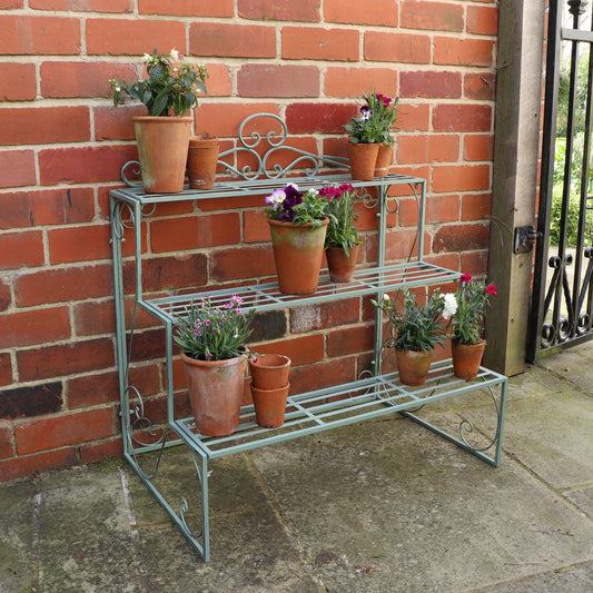  Sage Green Metal Three Tier Plant Theatre Stand 