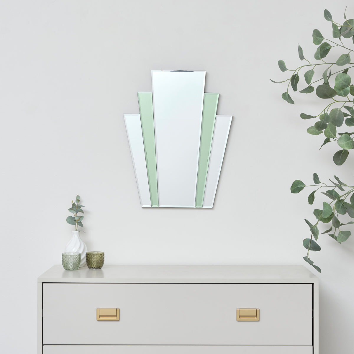 Art Deco Green Glass Fan Wall Mirror - 50cm x 40cm