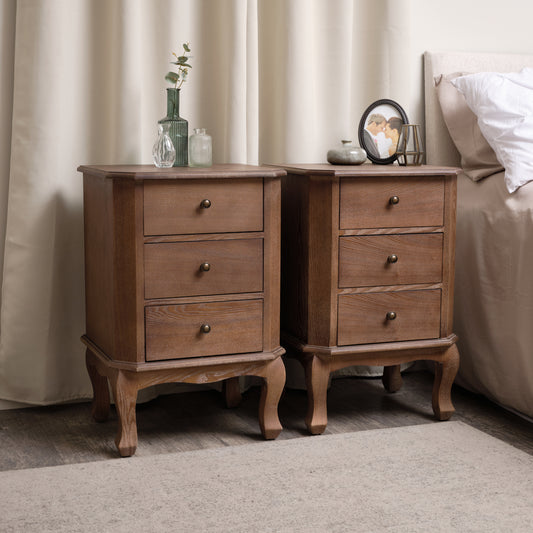  Pair Of 2 Dark Wood 3 Drawer Bedside Table - Willoughby Range 