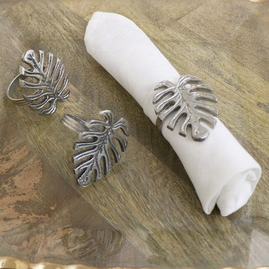  Set of 3 Silver Monstera Leaf Napkin Rings 