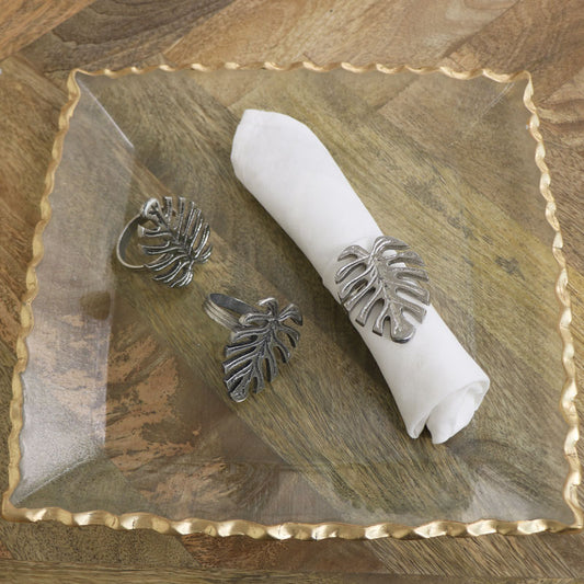  Set of 3 Silver Monstera Leaf Napkin Rings 