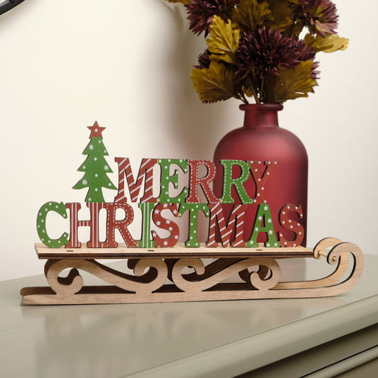  Rustic Wooden Green & Red Merry Christmas Sleigh Sign 