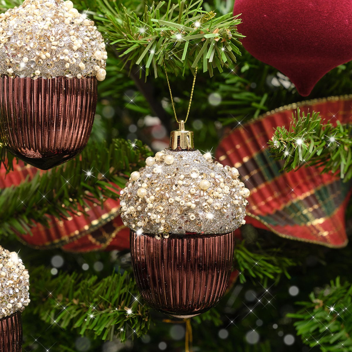 Set of 3 Bronze Jewelled Acorn Baubles