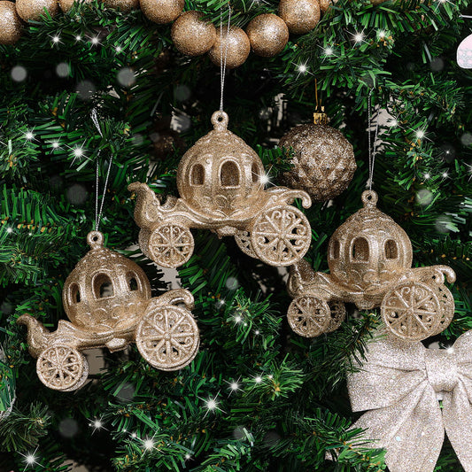  Set of 3 Gold Glitter Princess Carriage Baubles 