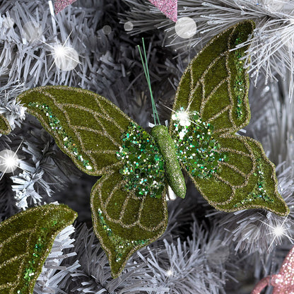 Set of 3 Green Glitter Sequined Butterfly Clip Christmas Decorations - 10cm