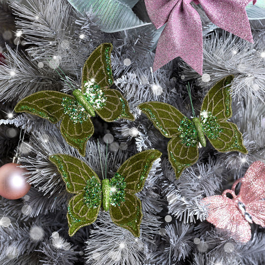  Set of 3 Green Glitter Sequined Butterfly Clip Christmas Decorations - 10cm 