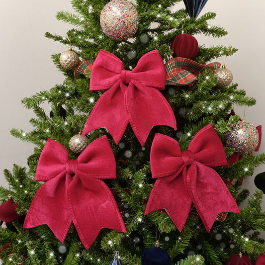  Set of 3 Large Dark Red Velvet Christmas Bows 