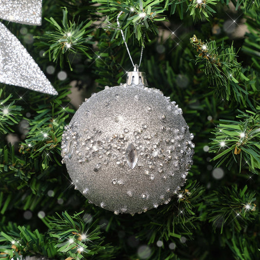  Set of 3 Round Silver Glitter Jewelled Baubles 