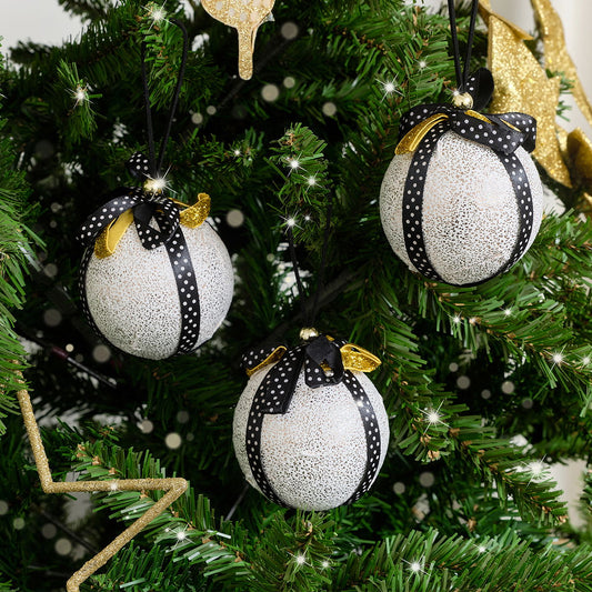  Set of 3 Round White & Black Gold Ribbon Baubles 