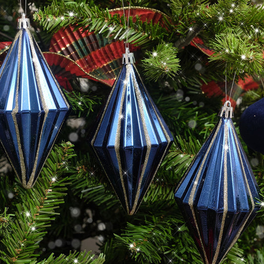  Set of 4 Navy Blue & Silver Glitter Diamond Baubles 