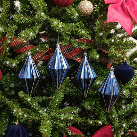  Set of 4 Navy Blue & Silver Glitter Diamond Baubles 