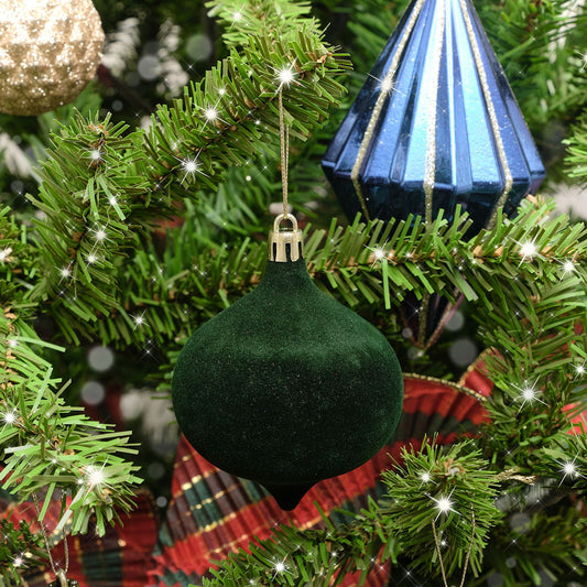  Set Of 6 Dark Green Velvet Flocked Baubles 