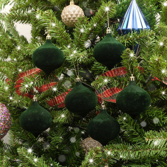  Set Of 6 Dark Green Velvet Flocked Baubles 