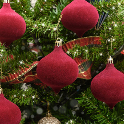 Set Of 6 Dark Red Velvet Flocked Baubles